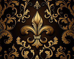 Pattern with a golden Fleur-De-Lis symbol and foliage ornament on a brown background. Created with Generative AI.