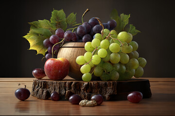assorted fresh fruits on a rustic wooden table. Grapes, apples created with Generative AI technology