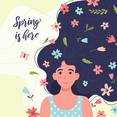 Fototapeta na wymiar Spring greeting card or postcard template with beautiful woman and flowers. Lovely cute illustration for 8 March, Women's Day celebration.