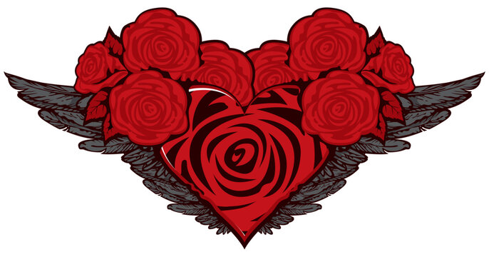 Flying heart. Vector graphic illustration of a red heart with black wings and red roses isolated on a light background. Suitable for Valentine card, sticker, t-shirt design, tattoo, design element