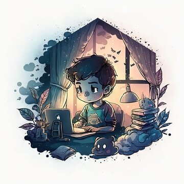 Watercolor Artwork Boy Playing Video Games Night Generative AI