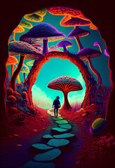 pathway to mushroom land colorful illustration created by generative ai