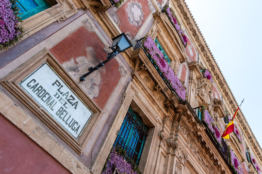 Old ornate building at the Plaza de Cardinal Belluga in the old center of Murcia, Spain, Europe