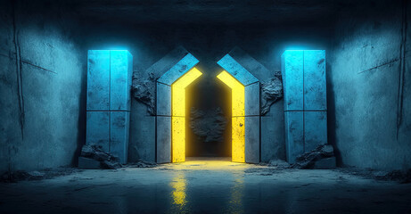 door to heaven futuristic interior scifi, lights blue and yellow 3d colorful rendered background panorama
