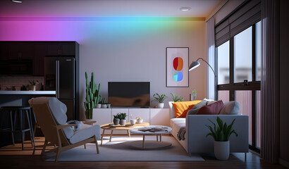 Fototapeta premium Futuristic living room with sofa and window view. Modern interior of living room.