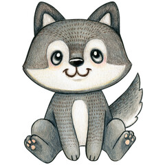 Cute gray baby wolf on a tree stump in autumn woodland