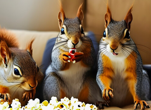 AI generative illustration of cute squirrels eating popcorn, watching a movie.