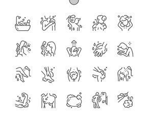 Body wash. Bathroom. Hand washing, hair washing, cleaning, wash face, soap. Intimate hygiene. Pixel Perfect Vector Thin Line Icons. Simple Minimal Pictogram