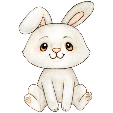 Watercolor cute white bunny sitting