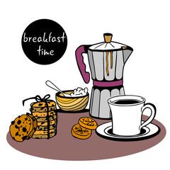 Breakfast time.  Good morning with cup of coffee and  coffee maker. cookies with chocolate are stacked and tied with canvas rope. simple breakfast. Wooden plate with cottage cheese.