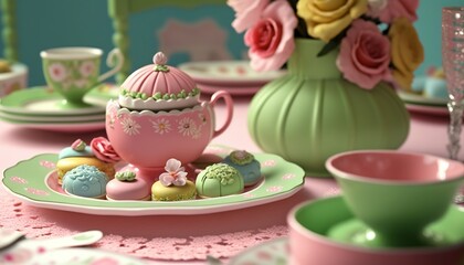  a pink table with a green tea pot and a pink tea cup and saucer and a green tea cup and saucer and a green vase with pink flowers.