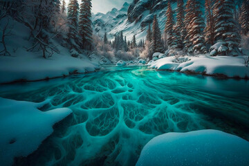 Winter forest on the river. Panoramic landscape with snowy trees, beautiful frozen river. Generative AI