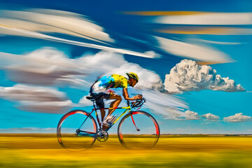 Man riding a bike, speed, colourful wind, landscape, blue sky. Generative AI
