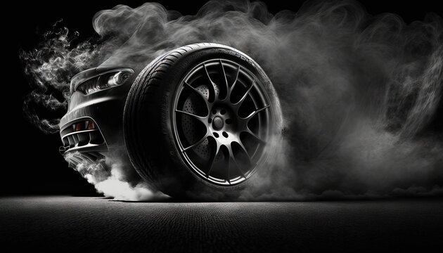  a black and white photo of a car with smoke coming out of it's tires on a black background with a black background and white backdrop.