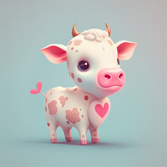 cute little baby cow holding pink heart valentine's day postcard