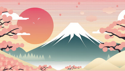 A Japanese-themed vector illustration with a pastel color scheme, Oriental landscape and the iconic Mount Fuji, decorated with traditional Japanese patterns. Generative AI