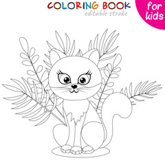 Cat is sitting on a background of plants. Coloring book page template for children.