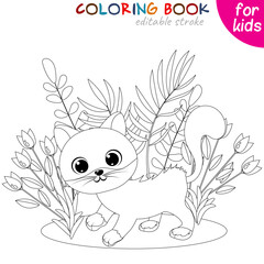 Cute kitten and plants. Coloring book page template for children.