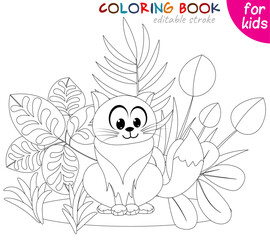 Cat on the background of plants. Coloring book page template for children
