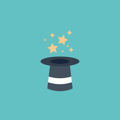 Vector illustration of magic hat and stars icon, magician hat.	