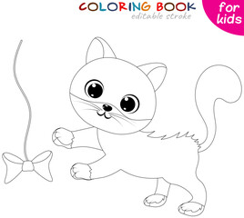 Little kitten plays with a bow. Coloring book page template for children.