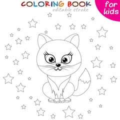 Cute cat sits on a background of stars. Coloring book page template for children.