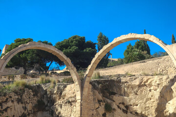 Two arches in old castle in Alicante, Costa Blanca, Spain