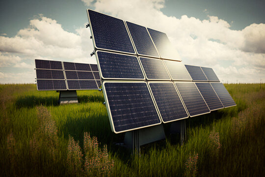 Solar panels in solar farm with sun lighting to create the clean electric power. Generative AI