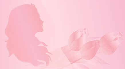 Female silhouette and tyupan flowers. on a pink background, gradient. The concept of Mother's Day, Women's Day, greetings for loved ones.