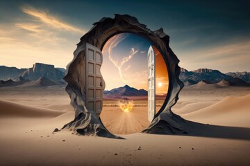 opened door in the middle of the desert showing a portal to another world Generative AI	