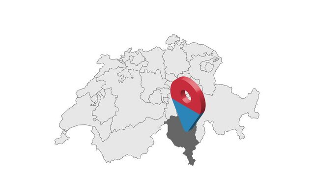 Location Canton of Ticino on map Switzerland. 3d Canton of  Ticino flag map marker location pin. Map of Switzerland showing different parts. Animated map Cantons of Switzerland. 4K.  Video