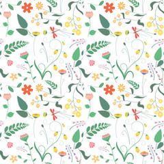 flower field, summer meadow floral seamless pattern, hand drawn wildflowers in pastel shades

