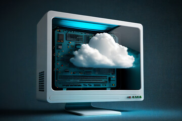Cloud storage web technology for storing data through the internet when online using a computer for backup and security at a network database centre, computer Generative AI stock illustration image