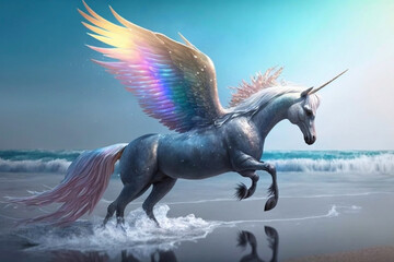 Unicorn rainbow color with wings on the beach. Generative AI