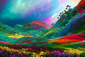 landscape with flowers. Generative AI.