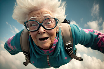 Grandma skydiving - Generative AI - obrazy, fototapety, plakaty
