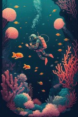 Fototapeta na wymiar Illustration of a cute diver - child's book - Created with generative ai