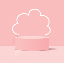 Minimalist 3D Pastel Pink Vector Composition with a Low Cylindrical Podium and a White Neon Cloud in the Background, ideal for Product Presentation. Simple Geometric Mokup Product Display.Round Stage.