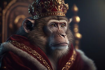Obraz premium King of a monkey in royal robe and crown on throne. AI generative illustration