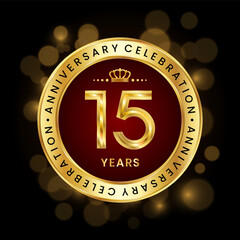 15th Anniversary Celebration. logo design with golden number and ring for birthday celebration event, invitation, greeting card, banner, poster, flyer, brochure, book cover. Logo Vector Template