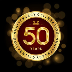 50th Anniversary Celebration. logo design with golden number and ring for birthday celebration event, invitation, greeting card, banner, poster, flyer, brochure, book cover. Logo Vector Template