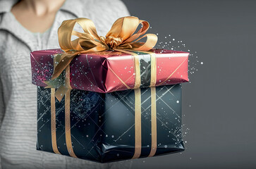 Generative AI illustration of wonderful gift wrapped box with decorative paper and bow