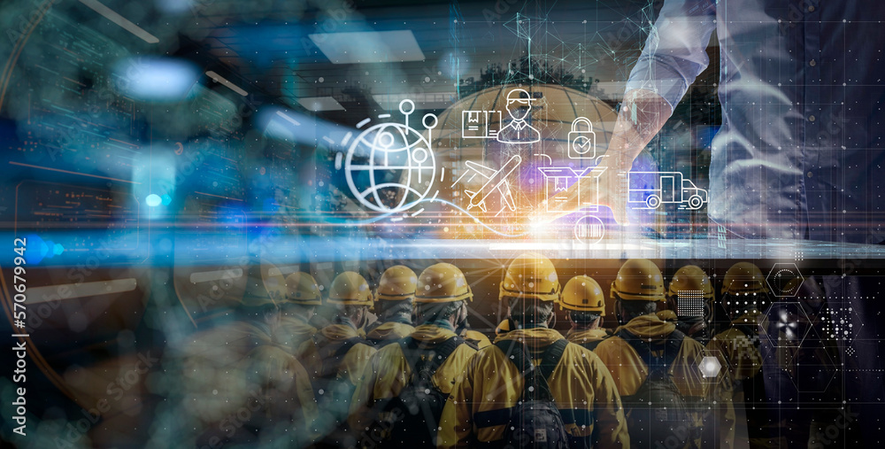 Poster Businessman hands using digital computer showing global logistics network distribution and transportation Ui, Smart logistics, Innovation future of transport.
