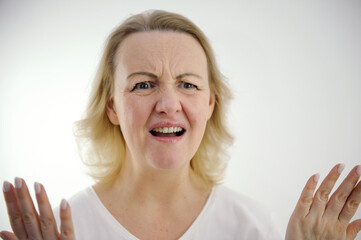 white background disgruntled woman raised Hands Up showing that Really Seriously mouth is open...