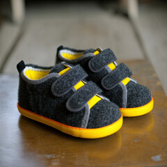 Children's low top shoes. Kids fashionable sneakers made of felt. generative ai. Colorful baby shoes with velcro strap