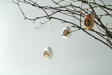 Easter composition of eggshells and quail eggs on branches. Light background, space for text, selective focus, horizontal