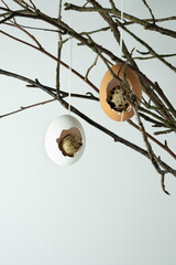 Easter decoration of eggshells and quail eggs on branches. Light background, space for text, selective focus