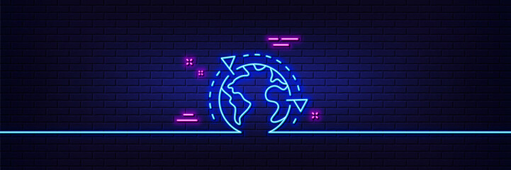 Neon light glow effect. Global business with flags line icon. International outsourcing sign. Internet marketing symbol. 3d line neon glow icon. Brick wall banner. Outsourcing outline. Vector