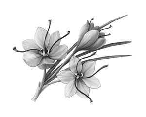 Saffron Crocus Flower Hand Drawn Pencil Illustration Isolated on White