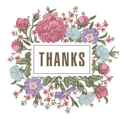 Wedding invitation. Beautiful blooming flowers. Vintage greeting card. Frame. Drawing, engraving. Rose, primroses, primula, croton agrostemma isolated floral. Wallpaper background. Vector Illustration © Наталья Лобенко